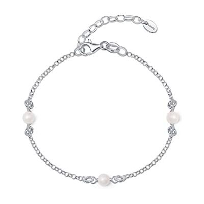 Amberta Pulseira de pérolas de água doce para mulher em prata de lei 925: Pulseira de corrente em prata com pérolas 4-5 mm Amberta Pulseira de pérolas de água doce para mulher em prata de lei 925: Pulseira de corrente em prata com pérolas 4-5 mm