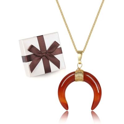 COAI Colar para mulher em aço inoxidável com pingente duplo chifre lua crescente de pedras naturais, Pedra, Ágata vermelha COAI Colar para mulher em aço inoxidável com pingente duplo chifre lua crescente de pedras naturais, Pedra, Ágata vermelha