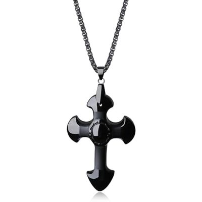 COAI Colar de aço com pendente cruz de obsidiana para homem mulher COAI Colar de aço com pendente cruz de obsidiana para homem mulher