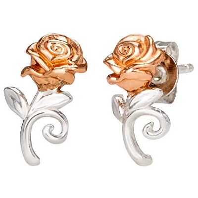 Disney A Bela e a Fera, Brincos de prata de lei em forma de rosa em dois tons Disney A Bela e a Fera, Brincos de prata de lei em forma de rosa em dois tons