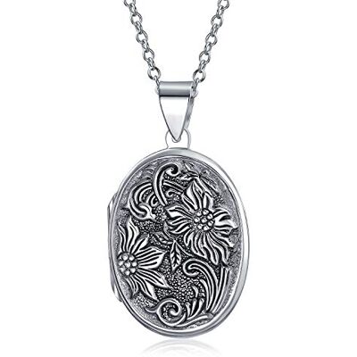 Bling Jewelry Pingente de colar com elicário oval de estilo vintage com flores em relevo, girassol, para mulheres que mantêm fotos, prata de lei oxidada .925 grande Bling Jewelry Pingente de colar com elicário oval de estilo vintage com flores em relevo, girassol, para mulheres que mantêm fotos, prata de lei oxidada .925 grande
