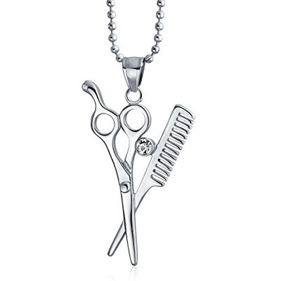 Bling Jewelry Colar suspenso de tesoura e pente de moda unissexo: Com acento de cristal para mulheres e homens cabeleireiros estilistas de cabelo. Aço inoxidável prateado com corrente de contas Bling Jewelry Colar suspenso de tesoura e pente de moda unissexo: Com acento de cristal para mulheres e homens cabeleireiros estilistas de cabelo. Aço inoxidável prateado com corrente de contas