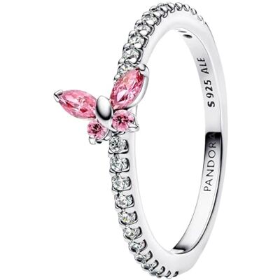 PANDORA Anel feminino de prata com borboleta brilhante, rosa 194269C02, PRATEADO, Moderno PANDORA Anel feminino de prata com borboleta brilhante, rosa 194269C02, PRATEADO, Moderno