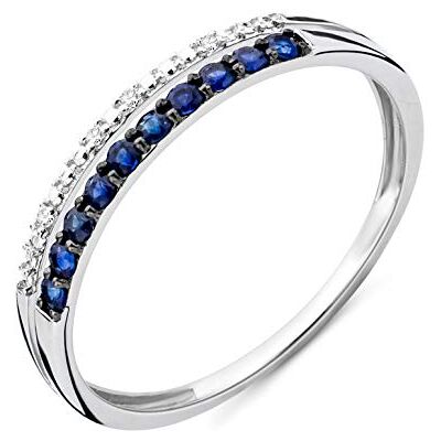 MIORE Anel feminino de fileira dupla de diamante da eternidade em ouro branco de 9 quilates/375 com pedras preciosas, safira azul de 0,19 quilates e diamantes brilhantes, jóias MIORE Anel feminino de fileira dupla de diamante da eternidade em ouro branco de 9 quilates/375 com pedras preciosas, safira azul de 0,19 quilates e diamantes brilhantes, jóias
