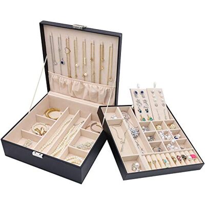 ProCase Caixa organizadora de jóias, armazenamento colar brincos pulseiras anéis e outros acessórios, estojo grande caixa de jóias de couro PU camada dupla empilhável para mulher menina senhora ProCase Caixa organizadora de jóias, armazenamento colar brincos pulseiras anéis e outros acessórios, estojo grande caixa de jóias de couro PU camada dupla empilhável para mulher menina senhora