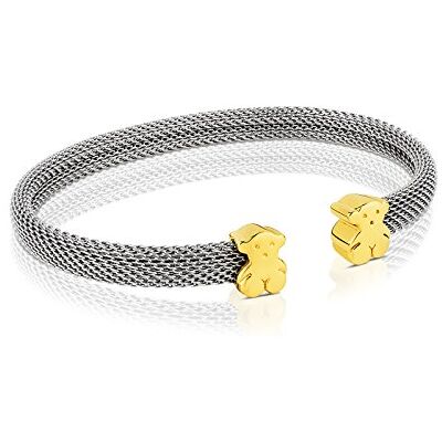 TOUS Pulseira escrava de aço para mulher com motivo de urso em ouro de 18 KT, 17 cm de comprimento, chique e combinável, coleção Icon Mesh TOUS Pulseira escrava de aço para mulher com motivo de urso em ouro de 18 KT, 17 cm de comprimento, chique e combinável, coleção Icon Mesh