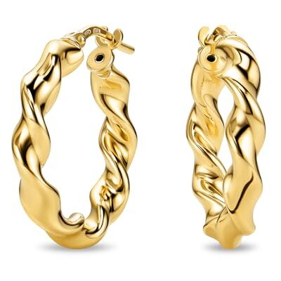MIORE Brincos mulher de prata de lei 925 banhados a ouro de 18 K 750, aros de ouro redondos com tubos torcidos de 15 mm, feitos à mão na Itália, jóias douradas com caixa de jóias MIORE Brincos mulher de prata de lei 925 banhados a ouro de 18 K 750, aros de ouro redondos com tubos torcidos de 15 mm, feitos à mão na Itália, jóias douradas com caixa de jóias
