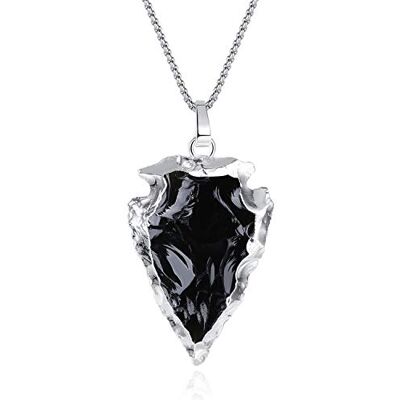 COAI Colar de aço inoxidável com pingente ponta de flecha de obsidiana preta pedra natural para homem e mulher COAI Colar de aço inoxidável com pingente ponta de flecha de obsidiana preta pedra natural para homem e mulher