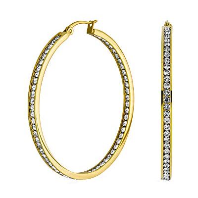 Bling Jewelry Aros grandes de aço inoxidável banhados a ouro com zircónias cravejadas em canal, acabamento fosco escovado Stardust, diâmetro de 2 polegadas Bling Jewelry Aros grandes de aço inoxidável banhados a ouro com zircónias cravejadas em canal, acabamento fosco escovado Stardust, diâmetro de 2 polegadas