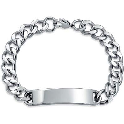 Bling Jewelry Pulseira de identificação com nome gravado, corrente cubana de borda chapeada para homens, tom prateado de aço inoxidável de 20,3 cm. Bling Jewelry Pulseira de identificação com nome gravado, corrente cubana de borda chapeada para homens, tom prateado de aço inoxidável de 20,3 cm.