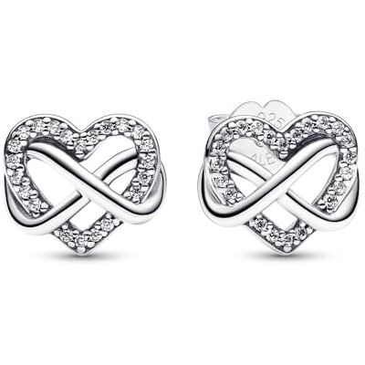 PANDORA Moments Brincos de botão com design de coração e símbolo de infinito de prata de lei com zircónias cúbicas transparentes PANDORA Moments Brincos de botão com design de coração e símbolo de infinito de prata de lei com zircónias cúbicas transparentes