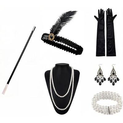 Generic Acessórios para mulher, conjunto de 6 peças, estilo Gatsby e Charleston, faixa de penas, luvas de cetim, colar de pérolas para noite grande de Gatsby, Halloween e festa de fantasia Generic Acessórios para mulher, conjunto de 6 peças, estilo Gatsby e Charleston, faixa de penas, luvas de cetim, colar de pérolas para noite grande de Gatsby, Halloween e festa de fantasia