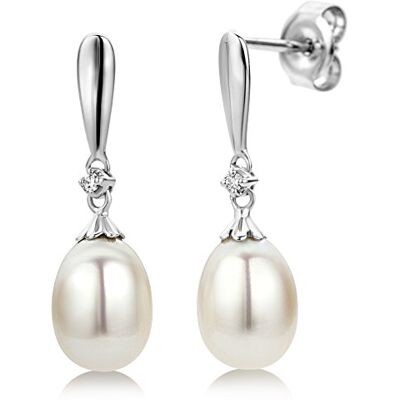 MIORE Brincos de ouro branco de 9K com diamantes e pérolas em forma de gota para mulher MIORE Brincos de ouro branco de 9K com diamantes e pérolas em forma de gota para mulher