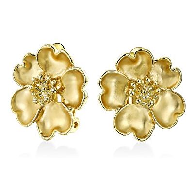 Bling Jewelry Brincos clip flor pétalas coração Cz zircónio cúbico para mulher orelhas não perfuradas latão dourado mate 14 K Bling Jewelry Brincos clip flor pétalas coração Cz zircónio cúbico para mulher orelhas não perfuradas latão dourado mate 14 K