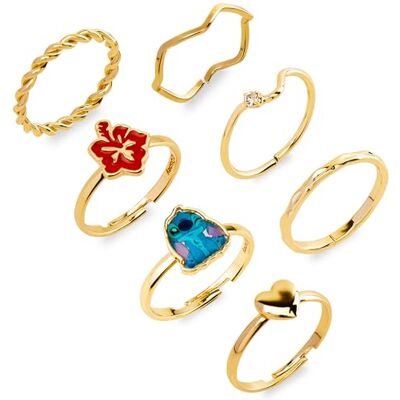 Disney Anéis para meninas, conjunto de 7 anéis ajustáveis em ouro presentes para meninas Disney Anéis para meninas, conjunto de 7 anéis ajustáveis em ouro presentes para meninas