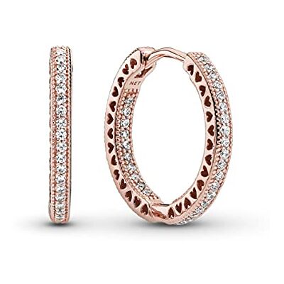 PANDORA Signature Brincos de argola com design de corações cintilantes com zircónias cúbicas transparentes, Aço inoxidável, Sem Pedra Preciosa PANDORA Signature Brincos de argola com design de corações cintilantes com zircónias cúbicas transparentes, Aço inoxidável, Sem Pedra Preciosa