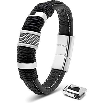 SERASAR Pulseira homem couro preto ouro bijuteria marido nó dourado 17 cm SERASAR Pulseira homem couro preto ouro bijuteria marido nó dourado 17 cm
