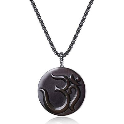 COAI Colar com pingente OM de obsidiana preta pedra natural para homem com corrente de aço inoxidável 60 cm COAI Colar com pingente OM de obsidiana preta pedra natural para homem com corrente de aço inoxidável 60 cm