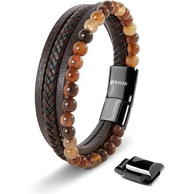 SERASAR Pulseira homem couro castanho bijuteria ônix aniversário amigo 17 cm SERASAR Pulseira homem couro castanho bijuteria ônix aniversário amigo 17 cm