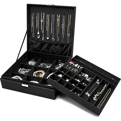 ProCase Organizador de joias para mulheres, duas camadas de joias, caixa de armazenamento com 8 compartimentos para colares e separador removível para brincos, pulseiras, anéis, cor preta ProCase Organizador de joias para mulheres, duas camadas de joias, caixa de armazenamento com 8 compartimentos para colares e separador removível para brincos, pulseiras, anéis, cor preta