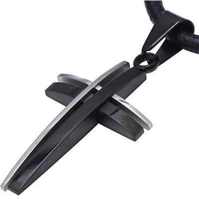 DonDon Colar de couro 50 cm com pingente cruz de duas cores de aço inoxidável para homens em saco para jóias de cor preta DonDon Colar de couro 50 cm com pingente cruz de duas cores de aço inoxidável para homens em saco para jóias de cor preta