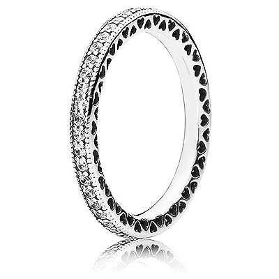 PANDORA Anel de assinatura com design de brilhos e corações de prata com zircões cúbicos transparentes PANDORA Anel de assinatura com design de brilhos e corações de prata com zircões cúbicos transparentes