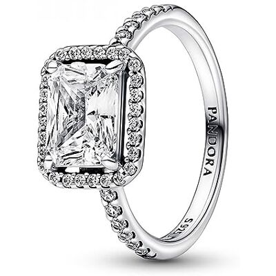 PANDORA Timeless Pulseira de ténis com halo retangular cintilante de prata de lei com zircões cúbicas transparentes, tamanho 50 PANDORA Timeless Pulseira de ténis com halo retangular cintilante de prata de lei com zircões cúbicas transparentes, tamanho 50