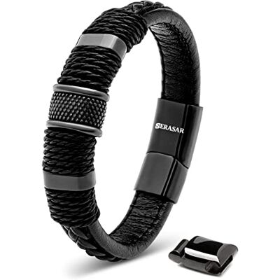 SERASAR Pulseira de couro premium para homem em preto fechadura magnética de aço inoxidável em preto, prata e ouro, caixa de jóias exclusiva, ótima ideia de presente, couro Broche Imantado Robusto para Uso Cómodo, Construcción de 30g con Sensación Lig SERASAR Pulseira de couro premium para homem em preto fechadura magnética de aço inoxidável em preto, prata e ouro, caixa de jóias exclusiva, ótima ideia de presente, couro Broche Imantado Robusto para Uso Cómodo, Construcción de 30g con Sensación Lig