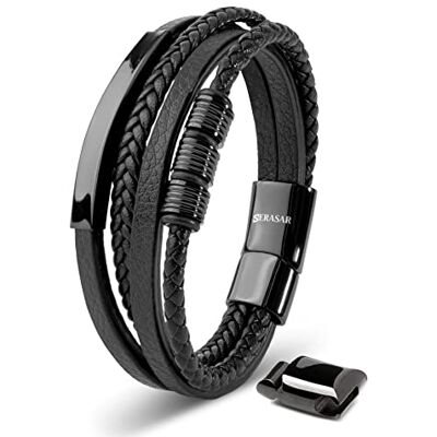 SERASAR Pulseira de couro premium para homem em preto fechadura magnética de aço inoxidável em preto, prata e ouro, caixa de jóias exclusiva, ótima ideia de presente, couro Broche Imantado Robusto para Uso Cómodo, Construcción de 30g con Sensación Lig SERASAR Pulseira de couro premium para homem em preto fechadura magnética de aço inoxidável em preto, prata e ouro, caixa de jóias exclusiva, ótima ideia de presente, couro Broche Imantado Robusto para Uso Cómodo, Construcción de 30g con Sensación Lig