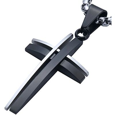DonDon Colar 52 cm com pingente cruz de duas cores de aço inoxidável para homens em saco para jóias de cor preta DonDon Colar 52 cm com pingente cruz de duas cores de aço inoxidável para homens em saco para jóias de cor preta