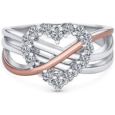 Bling Jewelry Anel de promessa para mulher com design romântico de dois tons, sotaque de CZ Pavé, zircônia cúbica entrelaçada em infinito e coração, banhado a ouro rosa, prata de lei .925 Bling Jewelry Anel de promessa para mulher com design romântico de dois tons, sotaque de CZ Pavé, zircônia cúbica entrelaçada em infinito e coração, banhado a ouro rosa, prata de lei .925