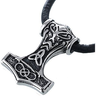 DonDon Colar de pele para homem, , com pingente de design de martelo de Thor, em saco de veludo, 50 cm DonDon Colar de pele para homem, , com pingente de design de martelo de Thor, em saco de veludo, 50 cm
