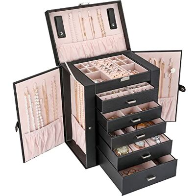 ProCase Caixa de Joias Grande para Mulher, Caixa Organizadora e Expositor de Joias com 6 Gavetas e 2 Compartimentos para Brincos, Colares, Anéis e Pulseiras Preto ProCase Caixa de Joias Grande para Mulher, Caixa Organizadora e Expositor de Joias com 6 Gavetas e 2 Compartimentos para Brincos, Colares, Anéis e Pulseiras Preto
