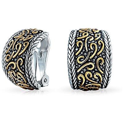 Bling Jewelry Brincos clip estilo bali redemoinho dois tons meio aro largo orelhas não perfuradas preto oxidado prata ouro prateado latão Bling Jewelry Brincos clip estilo bali redemoinho dois tons meio aro largo orelhas não perfuradas preto oxidado prata ouro prateado latão