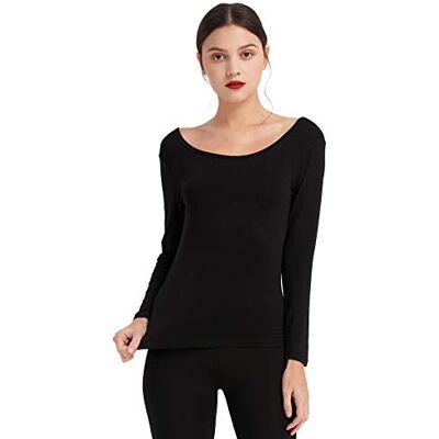 Mcilia T-shirt interior para mulher de camada térmica modal de manga comprida com gola redonda baixa, Preto, Médio Mcilia T-shirt interior para mulher de camada térmica modal de manga comprida com gola redonda baixa, Preto, Médio