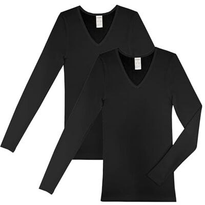 HERMKO 13680 Pack de 2 t-shirts interiores de manga comprida para mulher, com decote em V, preto, S HERMKO 13680 Pack de 2 t-shirts interiores de manga comprida para mulher, com decote em V, preto, S