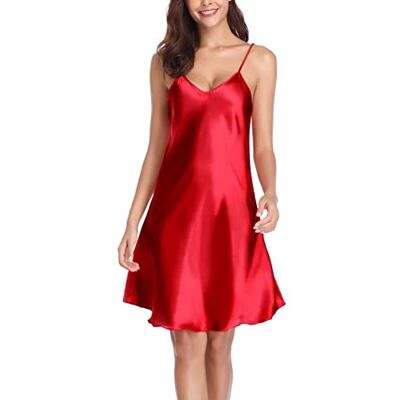 Vlazom Camisas de noite sexy de cetim, camisolas com alças ajustáveis, camisola para mulher dormir com decote em V, combinações interiores vestidos leves e suaves S-XXL, A-vinho vermelho, XXL Vlazom Camisas de noite sexy de cetim, camisolas com alças ajustáveis, camisola para mulher dormir com decote em V, combinações interiores vestidos leves e suaves S-XXL, A-vinho vermelho, XXL