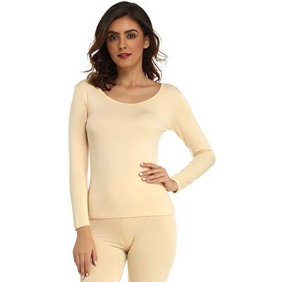 Mcilia Camiseta para Mulher Térmica Modal Ultrafina de Manga Comprida e Decote Redondo, Bege, Pequeno Mcilia Camiseta para Mulher Térmica Modal Ultrafina de Manga Comprida e Decote Redondo, Bege, Pequeno