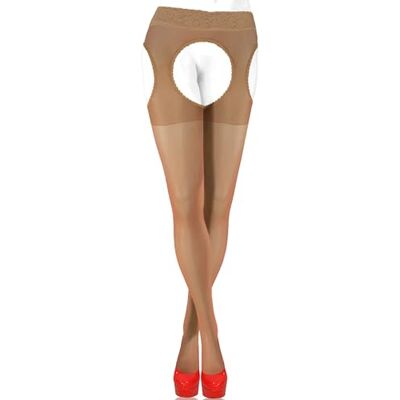 Sesto Senso Meias de Lingerie com Liga-Muslo para Mulher 15 den com Furos na Entreperna, Bege Escuro Sesto Senso Meias de Lingerie com Liga-Muslo para Mulher 15 den com Furos na Entreperna, Bege Escuro