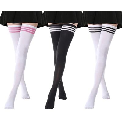 DRESHOW 3 Pares de Meias até ao Joelho para Mulher, Raya Escola de Cosplay Casual Meias até ao Muslo Meias Longas, Tamanho único DRESHOW 3 Pares de Meias até ao Joelho para Mulher, Raya Escola de Cosplay Casual Meias até ao Muslo Meias Longas, Tamanho único