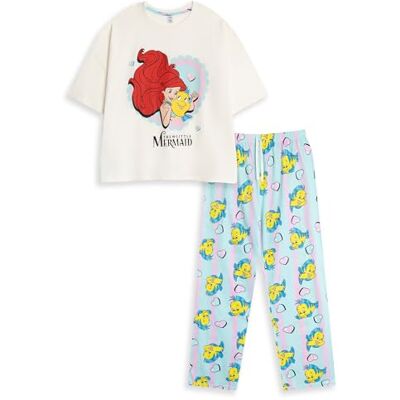 Disney Pijama de sereia para mulher, branco, azul e amarelo, de manga curta e perna comprida roupa de dormir com estampado de Ariel Flounder roupa de dormir para relaxar em casa Disney Pijama de sereia para mulher, branco, azul e amarelo, de manga curta e perna comprida roupa de dormir com estampado de Ariel Flounder roupa de dormir para relaxar em casa