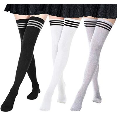DRESHOW Mulher extra longas meias até ao joelho cosplay casual sobre o joelho meias até à coxa, 3 Pares Stripes: Black, cinzento, branco DRESHOW Mulher extra longas meias até ao joelho cosplay casual sobre o joelho meias até à coxa, 3 Pares Stripes: Black, cinzento, branco