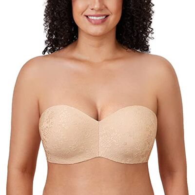 DELIMIRA Sutiã sem alças com aros invisíveis para mulher com aros, de jacquard, invisível, tamanhos grandes, multiposição bandeau, confortável DELIMIRA Sutiã sem alças com aros invisíveis para mulher com aros, de jacquard, invisível, tamanhos grandes, multiposição bandeau, confortável