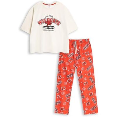 Disney Pijama vermelho de manga curta e perna comprida para mulher de High School Musical estampado de basquetebol universitário de East High Wildcats roupa de estar em casa e pijamas Disney Pijama vermelho de manga curta e perna comprida para mulher de High School Musical estampado de basquetebol universitário de East High Wildcats roupa de estar em casa e pijamas