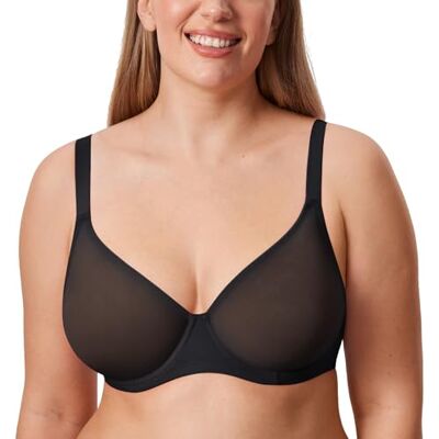 DELIMIRA Sutiã com aros de malha transparente sem enchimento tamanhos grandes para mulher, Preto, 110 D DELIMIRA Sutiã com aros de malha transparente sem enchimento tamanhos grandes para mulher, Preto, 110 D