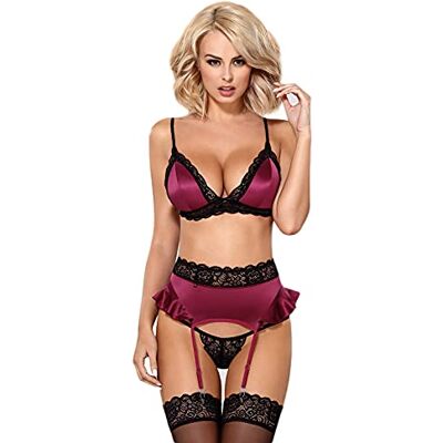 Obsessive Elegante conjunto de roupa interior de 3 peças de sutiã elegante com copas de aro, ligas com meias e tanga numa fantástica caixa de presente., Magenta Obsessive Elegante conjunto de roupa interior de 3 peças de sutiã elegante com copas de aro, ligas com meias e tanga numa fantástica caixa de presente., Magenta