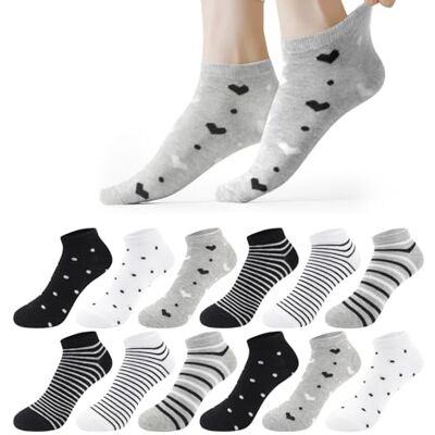 Libella 12 pares meias tornozelo mulher verão, tamanhos 35-38/39-42 Meias de algodão com corações, riscas e manchas, leves e respiráveis, macias e confortáveis para uso diário Libella 12 pares meias tornozelo mulher verão, tamanhos 35-38/39-42 Meias de algodão com corações, riscas e manchas, leves e respiráveis, macias e confortáveis para uso diário