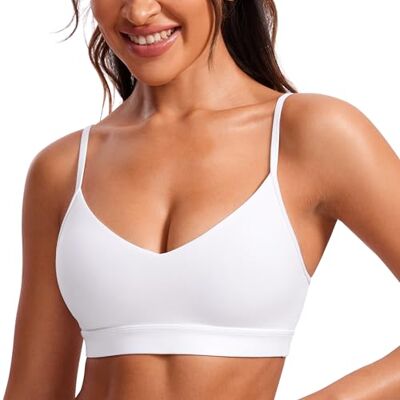 CRZ YOGA Butterluxe Yoga sutiã decote em V Suporte leve, almofadas removíveis, extremamente macias, costas quadradas, alças esparguete ajustáveis, para mulher CRZ YOGA Butterluxe Yoga sutiã decote em V Suporte leve, almofadas removíveis, extremamente macias, costas quadradas, alças esparguete ajustáveis, para mulher