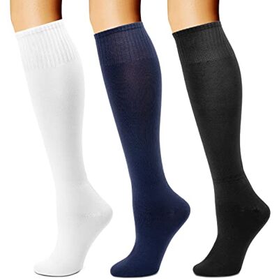 DRESHOW 3 pares de meias coloridas até ao joelho, meias casuais de futebol às riscas meias altas até ao joelho de bruxa para homens e mulheres, 3 pares: branco, marinho, preto DRESHOW 3 pares de meias coloridas até ao joelho, meias casuais de futebol às riscas meias altas até ao joelho de bruxa para homens e mulheres, 3 pares: branco, marinho, preto