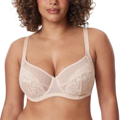 DELIMIRA Sutiã mulher sexy renda com aros sem enchimento tamanhos grandes para mulher, Bege, 110 D DELIMIRA Sutiã mulher sexy renda com aros sem enchimento tamanhos grandes para mulher, Bege, 110 D